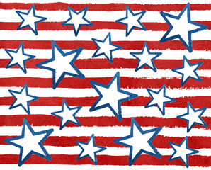 Fototapeta premium Watercolor grunge blue stars on grunge watercolor red stripes.