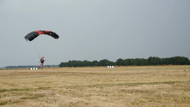 Landing paratrooper in the grass airfield.