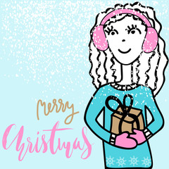 Handdrawn girl holding a gift box with handwritten inspiration. Christmas lettering