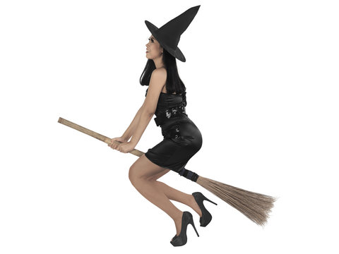 Asian witch woman ride the broom