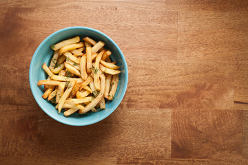 fries french herb still life wood background flat lay