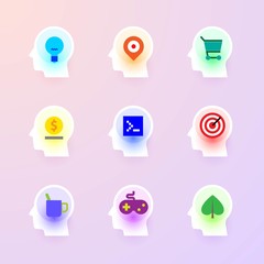 Modern vector flat icons collection of idea, maps, shopping, bank, programming, targeting, break, game, ecology at icon of human head brain. Backlit icons pure style