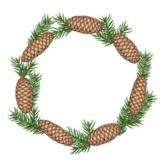 Fototapeta premium Wreath with fir branches and cones. Detailed vintage illustration