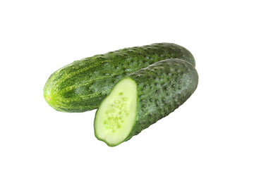 whole and sliced cucumber isolated on white background with clip