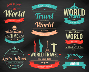 Obraz premium Set of vintage Travel badges and labels. Holiday Elements Icons. Travel and Tourism. Vector