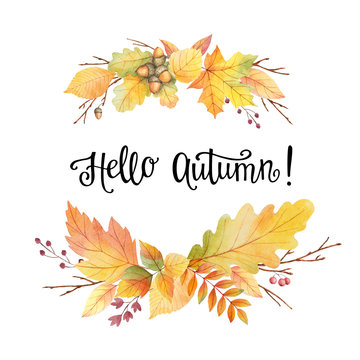 Hello autumn watercolor wreath with colored leaves and hand lettering.