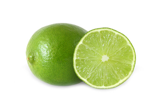 cut and whole lime fruits isolated on white background with clip