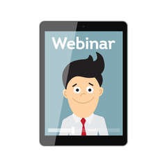 Online webinar concept. Tablet monitor with teacher, tutor, businessman. Online learning or e-learning.