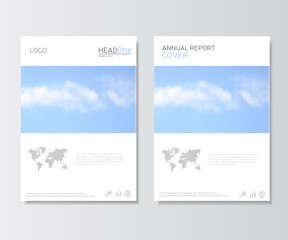 White annual report cover, brochure template. Presentation template with world map image. Leaflet design corporate identity, flyer layout in a4 size. Vector, eps 10