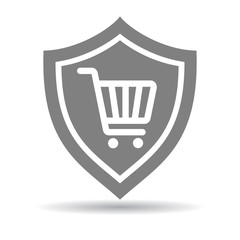 Customer protection shield. Safety from crime and fraud. Isolated grey shield with shopping cart icon.