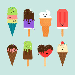 Ice cream flat cute icons. Chocolate and vanilla icecream in waffle cone. Vector illustration