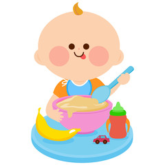 Baby eating his breakfast of cereal and fruits. Vector illustration