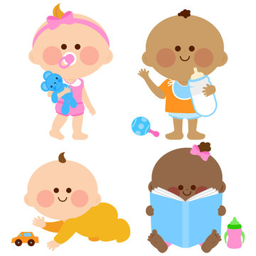 Cute baby girls and boys. Vector illustration