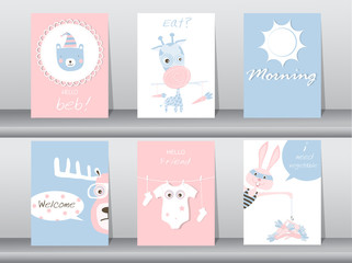 Fototapeta na wymiar Set of cute animals poster,template,cards,bear,rabbit,giraffe,deer,zoo,Vector illustrations 