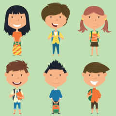 School boys and girls standing with books and backpacks.