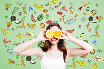 Smiling girl with oranges and fruit sketches
