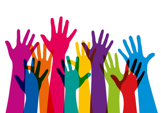 Concept de l’adhésion avec un groupe de mains levées de couleurs différentes, pour symboliser à la fois, l'unité et la diversité.
