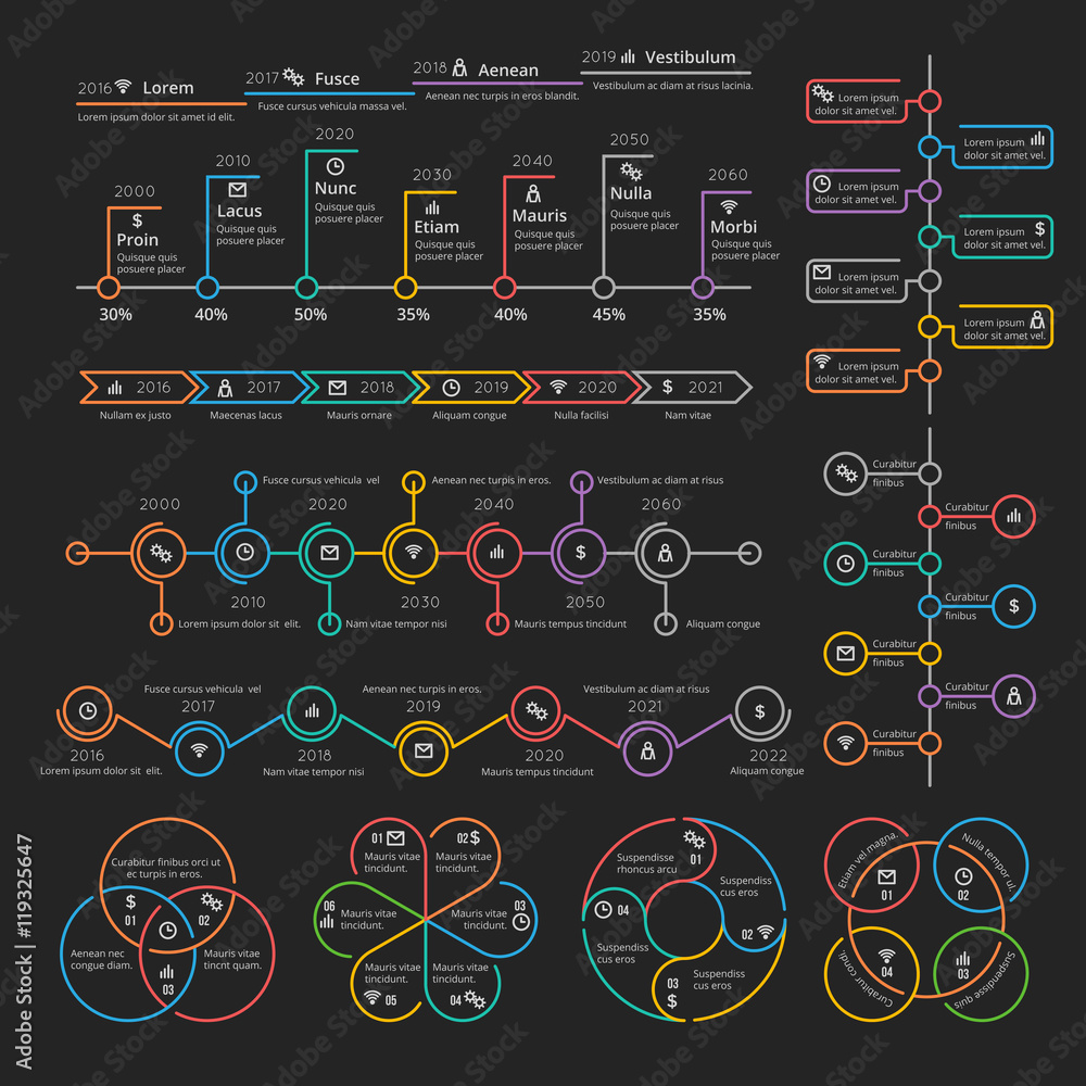 Poster business infographic elements collection vector timelines and charts for presentation booklet
