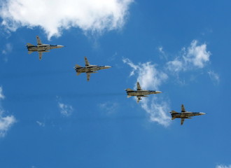 Upgraded front-line bomber with variable sweep wing SU-24M on the rehearsal of the Victory parade.