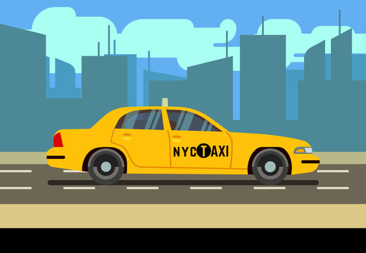 Yellow car taxi cab in cityscape vector illustration
