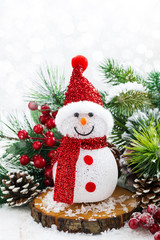 Christmas composition with snowman and light bokeh, vertical