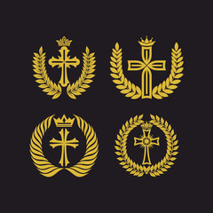 Church logo. Christian symbols. Floral wreath and the cross of Jesus.