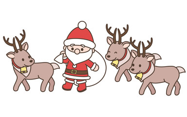 デフォルメサンタクロースとトナカイのイラスト　クリスマス素材　白背景・ベクター