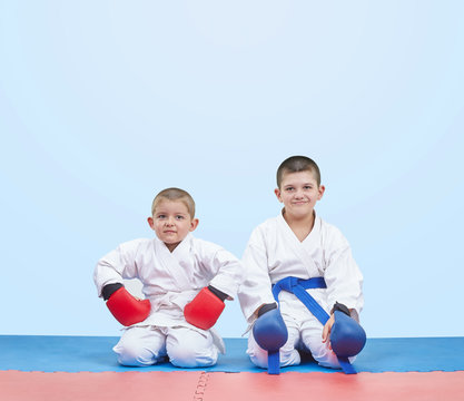 Two brothers athlete sitting on a mats in karate pose