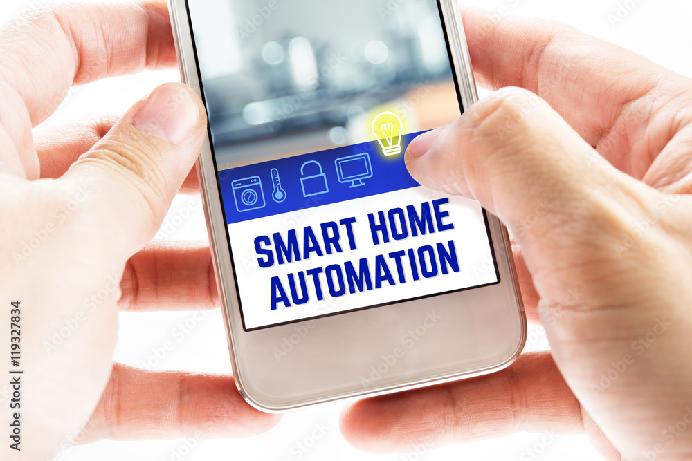 Poster close up two hand holding mobile phone with smart home automatio