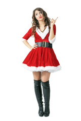 Serious mrs. Santa Claus scolding finger looking up. Full body length portrait isolated over white studio background.