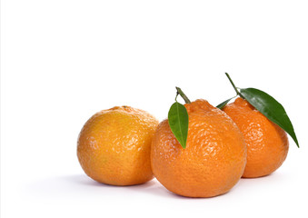 Fresh oranges with leaf, isolated on white background.