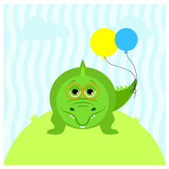 Illustration of a cartoon cute crocodile with balloons and with glasses.