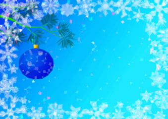 Christmas Low Poly Background for Holiday Design, Snowflakes and Pine Branch with Glass Ball on Blue Sky. Vector