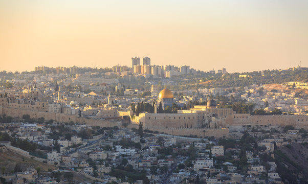View on old city Jerusalem at sunset