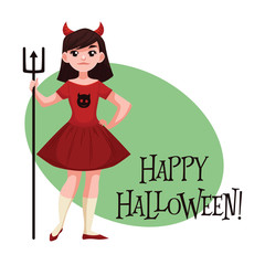 Happy girl dressed as devil for Halloween, cartoon style vector illustration isolated on white background. Little devil fancy dress idea. Trick or treat Halloween card