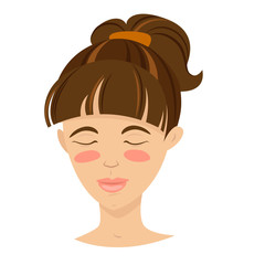 Brunette smiling young woman with hair tail. Eyes closed