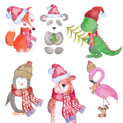 Christmas Animals Dino Fox Bear Penguin Flamingo panda Winter watercolor Hand-painted illustration cute animal holidays Seasonal Isolated hat scarf