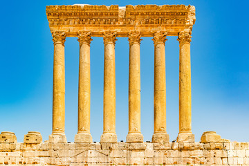 Six columns of Baalbek in Beqaa Valley, Lebanon. It located about 85 km northeast of Beirut and...