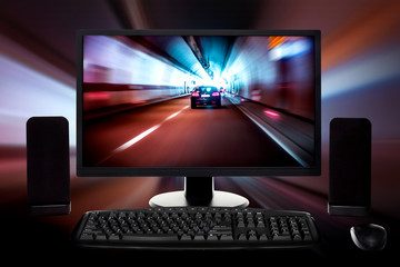 Computer set with digital background. Concept of computer set created for gamers
