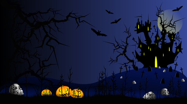 Halloween pumpkins,  skulls, black castle and bats, Vector illustration.