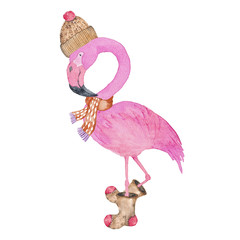 Naklejka premium Flamingo Pink Bird Christmas Animals Winter watercolor Hand-painted illustration cute animal holidays Seasonal Isolated hat scarf