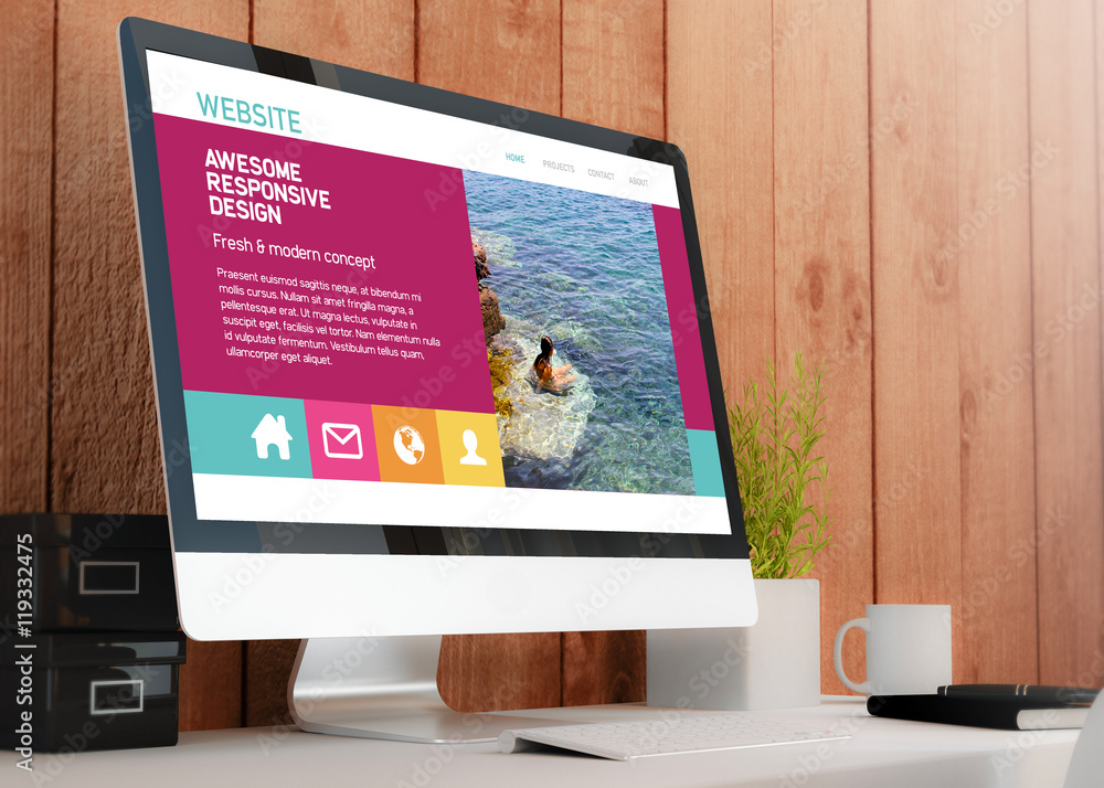 Poster modern workspace with computer fres designed website