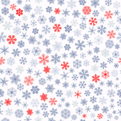 Seamless pattern of snowflakes, red and gray on white