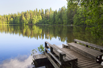 Silent evening at the pier. An image of an empty pier by the lake. Sun is about to go down in Finland.