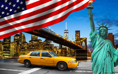 New York City with Liberty Statue ad yellow cab