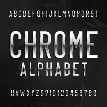 Chrome alphabet font. Metallic effect letters and numbers on a dark polygonal background. Vector typeface for your design.