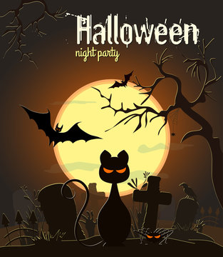 Halloween black cat and other characters on old cemetery and yellow Moon background, vector illustration. Halloween night party poster.