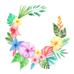 Watercolor tropical flowers, leaves and plants