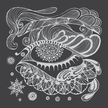 Abstact doodle floral highly detailed hand drawn for decorative design or pattern,
 T-shirts featuring spiral motifs, tattoo design element. Book concept art. Isolated vector illustration 