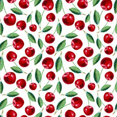 Seamless pattern with cherry.Food picture.Watercolor hand drawn illustration.White background.